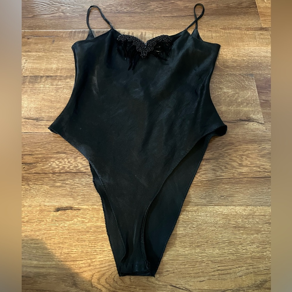 Vtg FARIS Lady Black Spaghetti Strap Bodysuit With Bean & Fur Detail Sz S